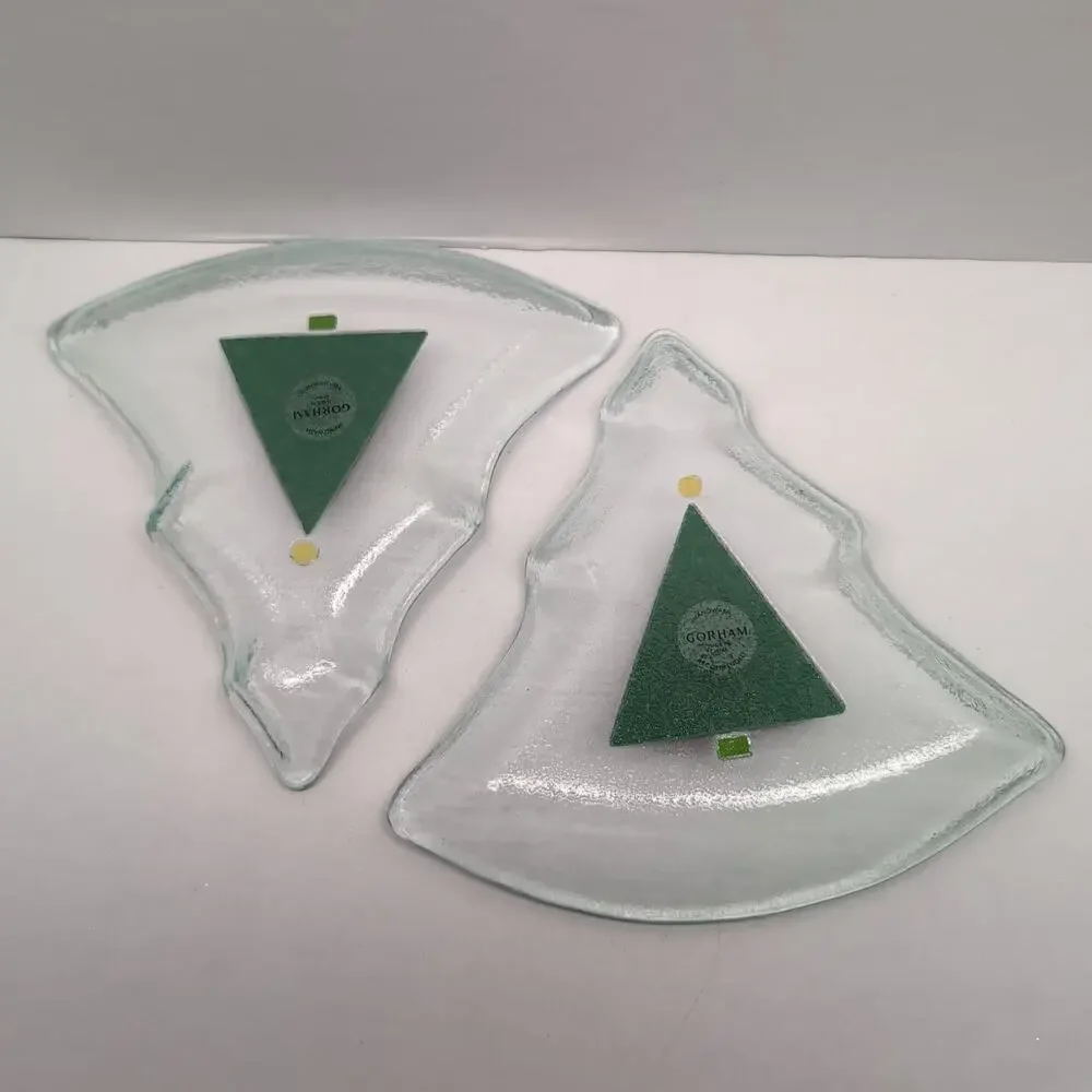 Lot of 2 Gorham Fused Glass Christmas Tree Shaped Candy Dish‎